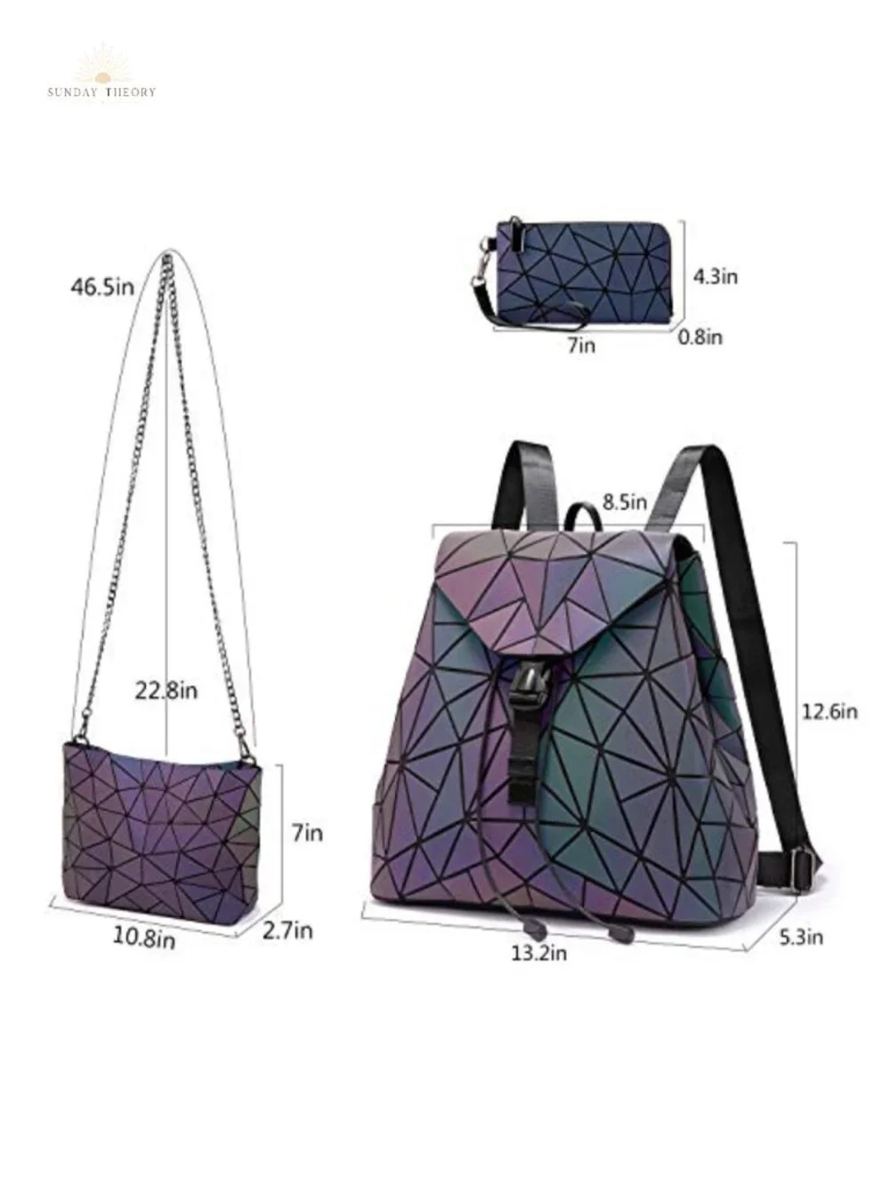 Geometric Reflective Crossbody Bag Set with Backpack and Wallet, Holographic